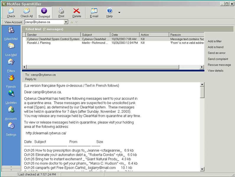 SpamKiller interface